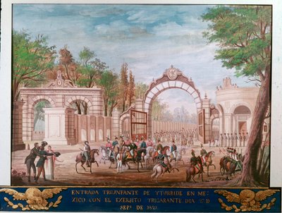Triumftillträde för Agustin Iturbide (1783-1824), förste kejsaren av det oberoende Mexiko, i Mexico City 1821-09-07 (triumferande inträde för den första kejsaren av det fria Mexiko Agustin Iturbide i Mexico City, 7 september av Unknown artist