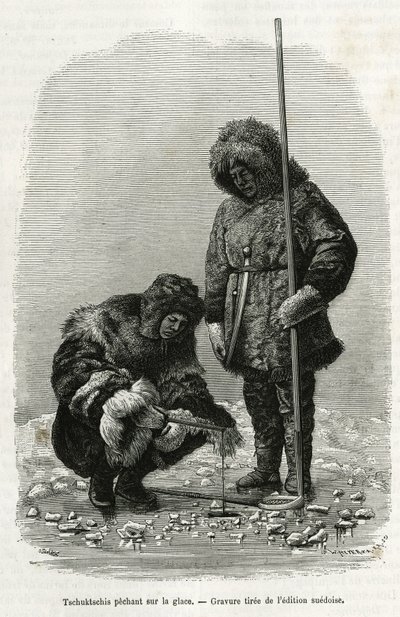 Tschuktschis fiskar på is i Koljutchinbukten (polcirkeln). Gravyr från den svenska upplagan, för att illustrera berättelsen "" Voyage de la Vega runt Asien och Europa", av Nils Adolf Erik (Eric) Baron Nordenskjold (Nordenskiold) (1832-1901), 1878-1880 av Unknown artist
