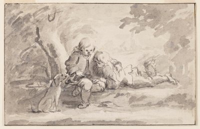 Två pojkar som tittar på en bok av Unknown artist