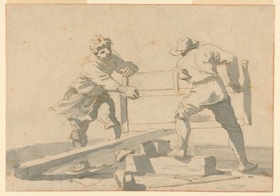 Två män som sågar en planka av Unknown artist