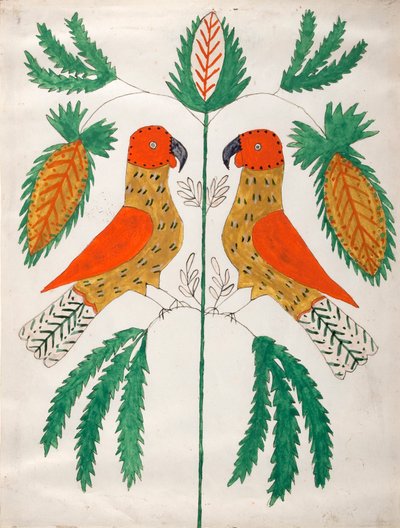 Två röda och gula papegojor vända mot varandra (gröna löv) av Unknown artist