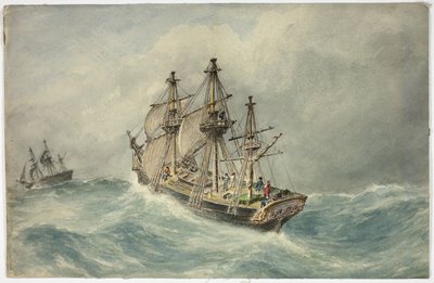 Två tremastade fartyg på stormigt hav av Unknown artist