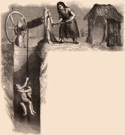 Två utmattade barn hämtade från en engelsk kolgruva av en kvinna med vinsch (gravyr) av Unknown artist
