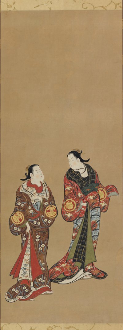 Två långa kvinnor i mörka kläder av Unknown artist