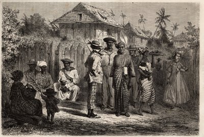 Typer av inhemska Cayenne (Franska Guyana), kvinnor klädda i planta (knuten klänning) av madras och klädda med färgglada turbaner, männen antog den västerländska dräkten. Gravyr för att illustrera resan i Franska Guyana 1862-1863, av Frederic Bouyer, ca. av Unknown artist