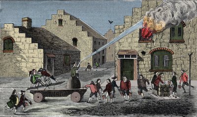 Användning av brandpump för att släcka en brand. 1733 gravyr. av Unknown artist