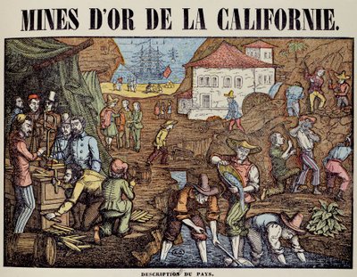 Olika aktiviteter i en guldgruva i Kalifornien: leta efter pepiter, väga, köpa, lämna varorna. Gravyr av 1800-talet. Paris, dekorativ konst av Unknown artist