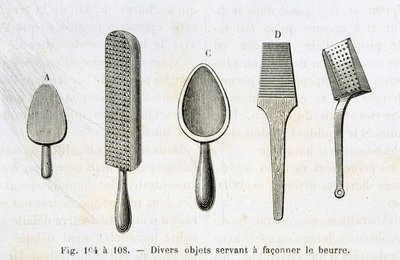 Olika föremål som användes för att forma smör - i "" The wonders of the industry"" av Louis Figuier av Unknown artist