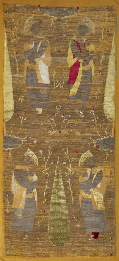 Sammetspanel med fyra ungdomar som doftar blommor av Unknown artist