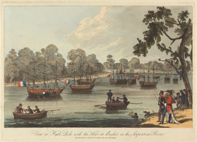 Utsikt i Hyde Park, med flottan vid Anchor på Serpentine River, 12 augusti 1814 av Unknown artist