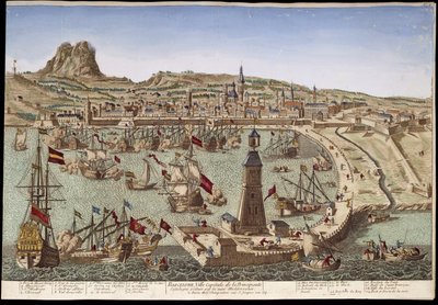 Vy över Barcelona och dess hamn - optisk vy av Unknown artist