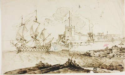 Utsikt över hamnen i den befästa staden av Unknown artist
