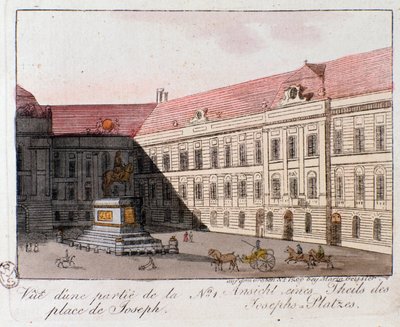 Utsikt över Joseph Square i Wien, Österrike. Gravyr från 1815 Privat samling av Unknown artist