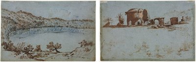 Utsikt över sjön Nemi (recto) Liten grupp romerska ruiner (verso) av Unknown artist