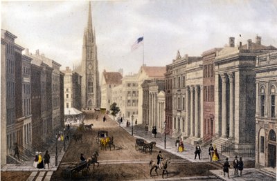 Vy över New York: Wall Street-vy över William Street. Litografi sd. kring mitten av 1800-talet. av Unknown artist