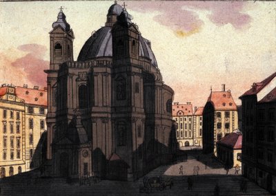 Vy över Petersplatsen och kyrkan i Wien, Österrike Gravyr från 1820 av Unknown artist