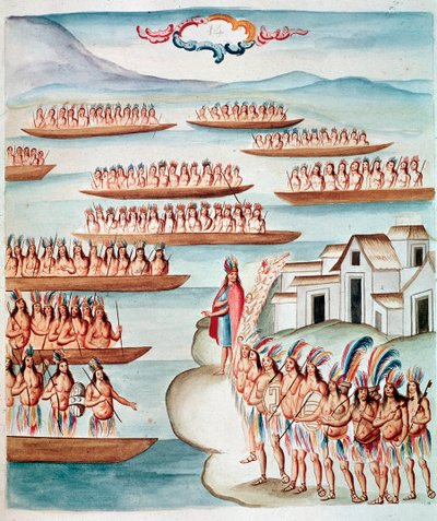 Utsikt över Tlatelolco omgiven av lagunen, Mexiko (akvarell, ca 1770-1780) av Unknown artist