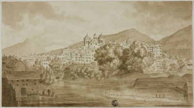 Utsikt över staden med utsikt över floden av Unknown artist