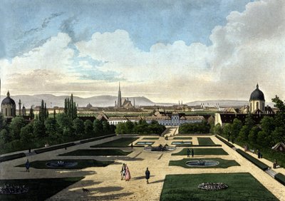 Utsikt över Wiens Belvedere, österrikiskt barockpalats byggt av Eugene de Savoye. Litografi från 1800-talet av Unknown artist