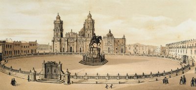 Utsikt över Zocalo-torget och katedralen i Mexico City, Mexiko Litografi från slutet av 1800-talet av Unknown artist