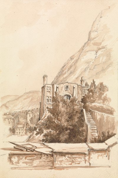 Utsikt över en stad med klippor i bakgrunden av Unknown artist