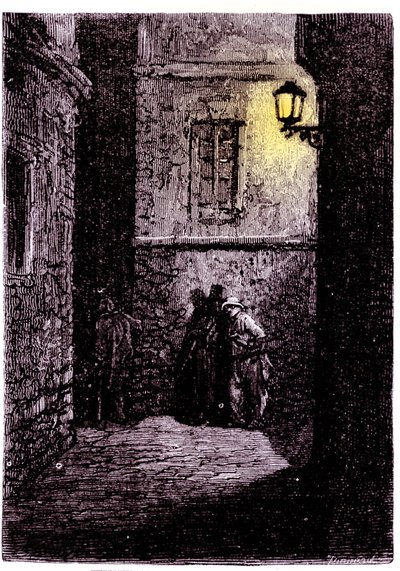 Utsikt över en mörk gränd i Whitechapel-distriktet i London. 1700-talsgravyr av Unknown artist