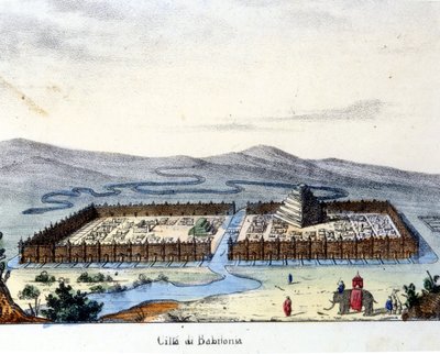 Utsikt över det antika Babylon: i mitten templet och de hängande trädgårdarna. Brinnande sd. tidigt 1800-tal. av Unknown artist