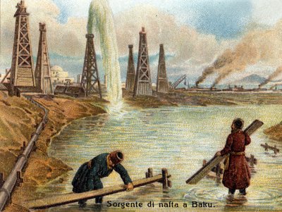 Vy över oljekällor i Baku, Azerbajdzjan. kromolitografi omkring 1890. av Unknown artist