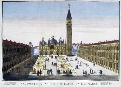 Utsikt över basilikan och campanilen från Markusplatsen (San Marco) i Venedig, Italien. Gravyr från 1700-talet. av Unknown artist