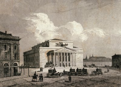 Utsikt över Bolchoi-teatern i Moskva, Ryssland 1838 Gravyr av 1800-talet av Unknown artist