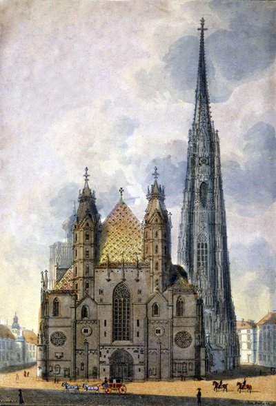 Utsikt över St. Stefans katedral (St. Stephen eller Stephansdom eller St. Stephane eller St. Stephan Kirche) från Wien i Österrike i slutet av 1700-talet. av Unknown artist