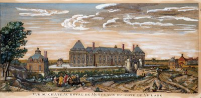 Utsikt över Chateau Royal de Monceaux. Gravyr från 1740. Privat samling. av Unknown artist