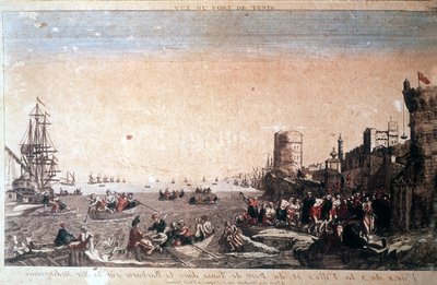 Utsikt över staden och hamnen i Tunis i barbari vid Medelhavet - Fångade pirater anländer till Port de la Goulette i Tunis. Gravyr 1700-tal. av Unknown artist