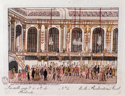 Utsikt över Redoubtens kejserliga och kungliga sal i Wien, Österrike. Gravyr från 1815 privatsamling av Unknown artist