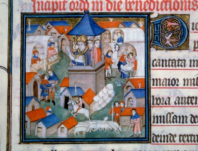 Utsikt över Lendit-mässan, populär sammankomst och promenader i staden Saint Denis. Paris eveque välsignade invigningen av detta evenemang. Miniatyr från "Pontifical de Sens"" 1300-talets Paris, B.N. av Unknown artist