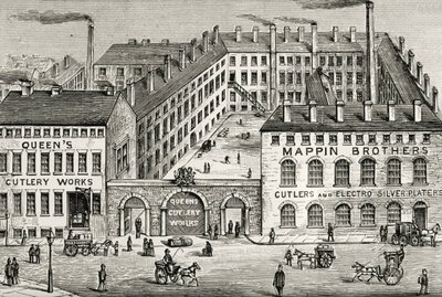 Vy över Mappin Brothers bestickfabrik i London. Detalj av annons från 1891. Gravyr. av Unknown artist