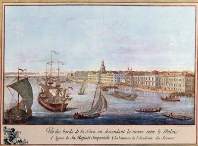 Utsikt över Neva vid Vinterpalatset och Vetenskapsakademin i Sankt Petersburg. Tryck omkring 1753. Paris, B.N. av Unknown artist