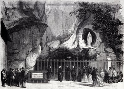 Utsikt över grottan i Lourdes i Höga Pyrenéerna där Jungfrun visade sig för Bernadette Soubirous (1844-1879) 1858, nuvarande pilgrimsfärdsort. Gravyr av 1800-talet av Unknown artist