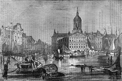 Utsikt över staden Amsterdam och det gamla rådhuset på 1800-talet. av Unknown artist