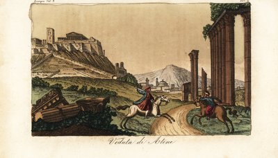 Utsikt över staden Aten, Grekland, med Akropolis och Parthenon till vänster, ruiner av kolonner, monument och Propylaea framför av Unknown artist
