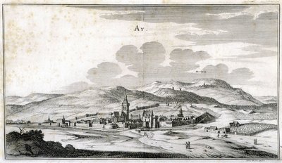 Utsikt över staden Ay. Gravyr från slutet av 1700-talet. av Unknown artist