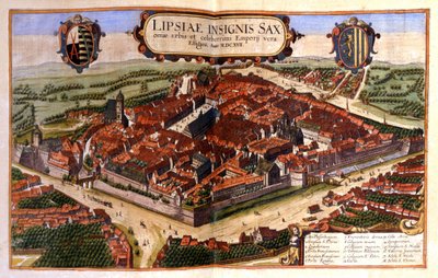 Utsikt över staden Leipzig i Tyskland. Gravyr från 1600-talet av Unknown artist