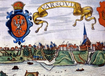 Utsikt över staden Warszawa med stadens vapen. 1780. av Unknown artist