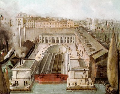 Utsikt över torrlastrummet i Neapels hamn som invigdes 1852 (Utsikt över Neapels torrdocka) Målning av 1800-talets Museo di Capodimonte Neapel av Unknown artist