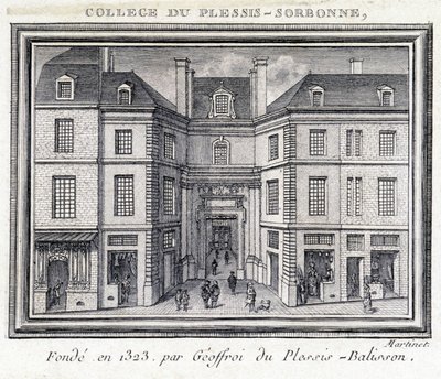 Utsikt över den yttre fasaden av kollegiet i Plessis Sorbonne (Paris), grundat 1323 av Geoffroy av Plessis Balisson som användes från 1848 till 1849 av ENA. Gravyr bevarad på Musee Carnavalet, Paris. av Unknown artist