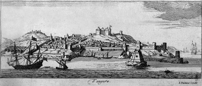 Utsikt över den befästa staden Tanger och kusten, Marocko. 1700-talsgravyr. av Unknown artist