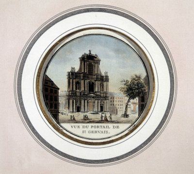 Vy över porten till St Gervais (Saint Gervais) - gravyr av Unknown artist