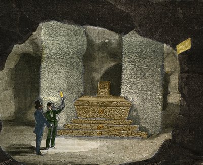 Utsikt över ossuary av katakomberna av Montsouris i Paris. Gravyr från 1856 i "" Le Musee Des Sciences"" av Unknown artist