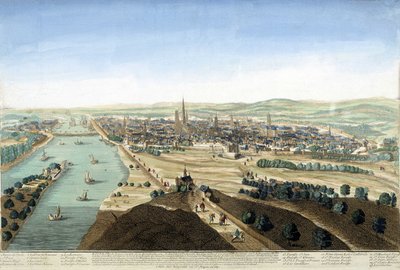 Utsikt över hamnen och staden Rouen; Gravyr från 1700-talet. av Unknown artist
