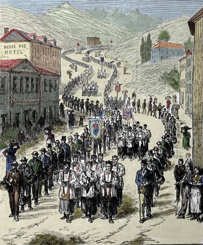 Utsikt över processionen från stationen till grottan Lourdes i Höga Pyrenéerna där Jungfrun visade sig för Bernadette Soubirous (1844-1879) 1858, nuvarande pilgrimsfärdsort. Gravyr av 1800-talet av Unknown artist